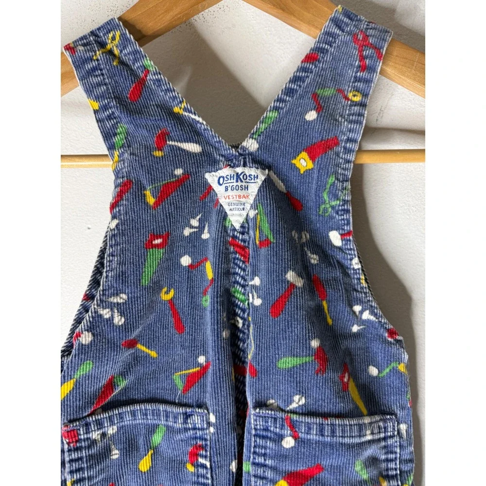 Vintage‎ Oshkosh blue corduroy overalls all over tool print boys size 4